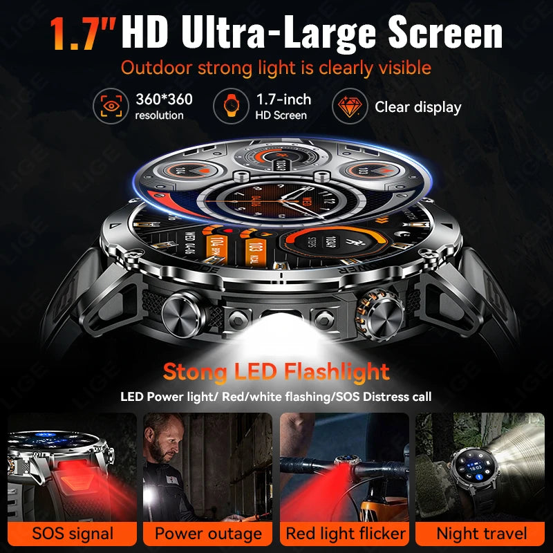2026 New Built-In 1400Mah Super Large Battery Men Smart Watch Outdoor 1.7" HD Screen IP68 Waterproof BT Call Smartwatch