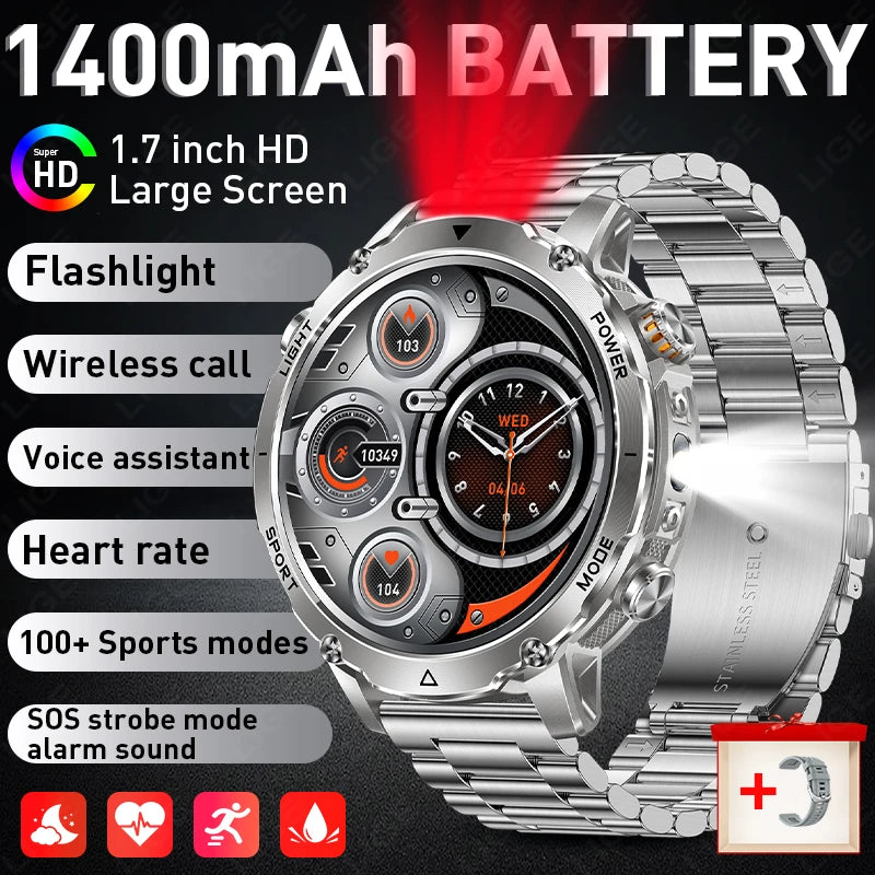 2026 New Built-In 1400Mah Super Large Battery Men Smart Watch Outdoor 1.7" HD Screen IP68 Waterproof BT Call Smartwatch