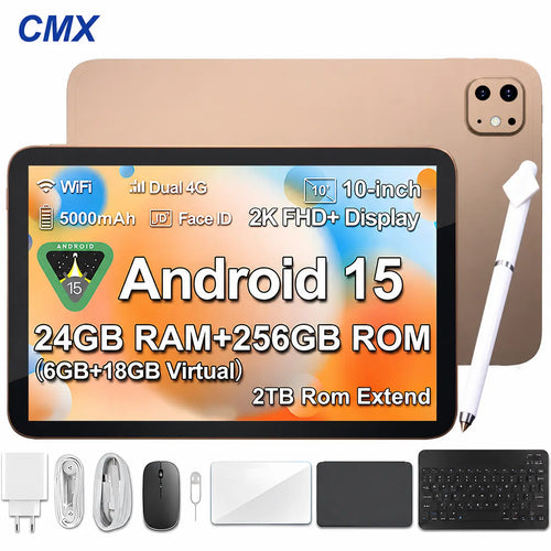 2026 Family 2-In-1 Android 15 Tablet, 10.1" Large Screen,24Gb(6Gb+18Gb) RAM 256GB Storage, Keyboard, Mouse,Stylus, Case Bundle for Kids Learning & Home Use Gift HD Pixel High Murah