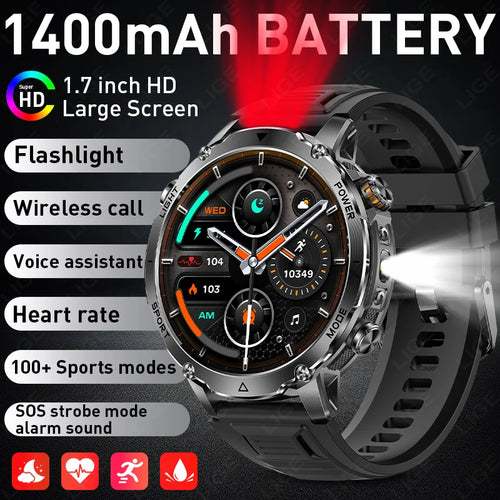2026 New Built-In 1400Mah Super Large Battery Men Smart Watch Outdoor 1.7" HD Screen IP68 Waterproof BT Call Smartwatch