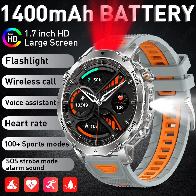 2026 New Built-In 1400Mah Super Large Battery Men Smart Watch Outdoor 1.7" HD Screen IP68 Waterproof BT Call Smartwatch