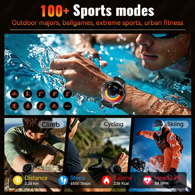 2026 New Built-In 1400Mah Super Large Battery Men Smart Watch Outdoor 1.7" HD Screen IP68 Waterproof BT Call Smartwatch
